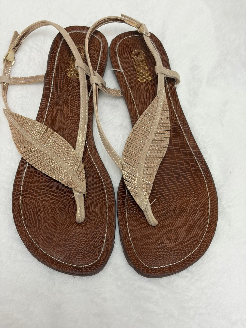 Women's Brown and Gold T-Strap Sandals with Sparkle Accent